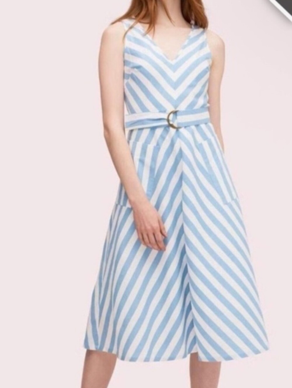 Kate Spade Linen-Cotton Blend Blue and White Striped V-Neck Dress